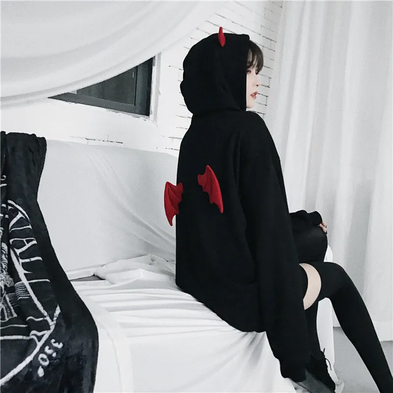  Fall Winter Women Sweatshirts Girl Harajuku Cute Hoodies Punk Gothic Devil Horn Chic Hooded Pullove