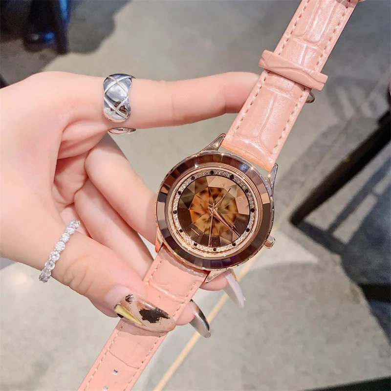 Relojes para mujer, новые женские часы с бриллиантами, женские часы, повседневные часы с браслетом, роскошные часы с кожаным ремешком, кварцевые часы под платье, наручные часы - Цвет: Розовый