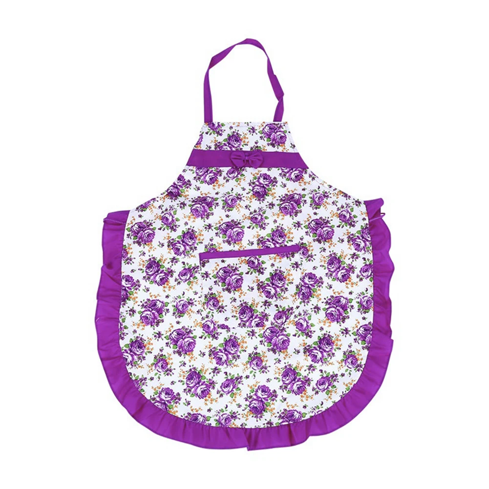 Women Bib Floral Print Bowknot Kitchen Restaurant Cooking Pocket Dress Apron Polyester Peach Skin Floral Print Bowknot Pocket