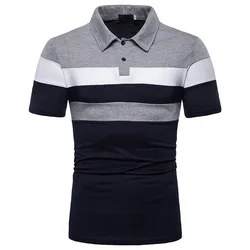Moda personalidade masculina casual fino manga curta retalhos t camisa blusa verão topos algodão listrado clássico camisas de negócios
