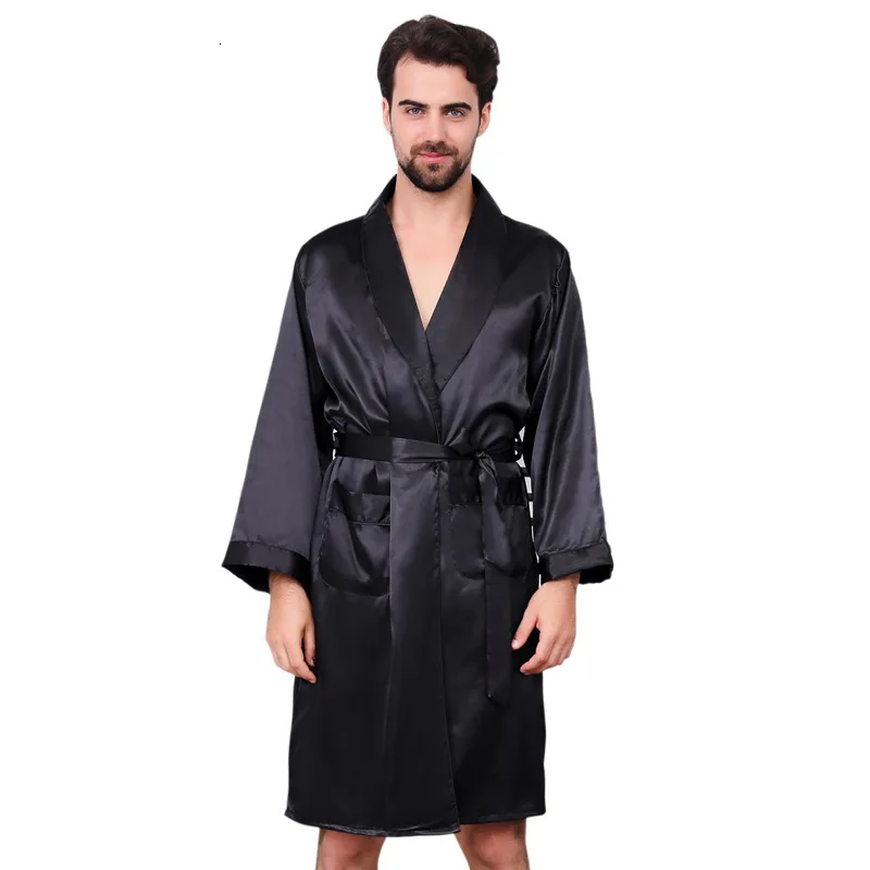 Men's Nightwear Silk Satin Pajamas Robe Solid Long Sleeve Bath Robe Men