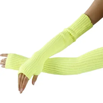 

Women Neon Bright Solid Color Fingerless Gloves Ribbed Knit Crochet Dance Over Elbow Long Arm Warmers Mittens with Thumb Hole