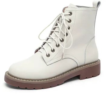 

Genuine Leather Martin Boots Women 2020 Autumn Winter Woman Low Heels Shoes A299 Fashion Ladies Lace Up Beige Black Ankle Boots