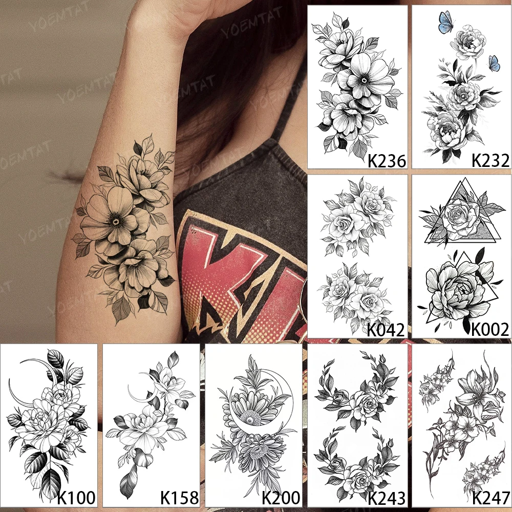 9pcs/lot Waterproof Temporary Tattoo Sticker Black Sexy Rose Peony Flower Butterfly Flash Tatoo Woman 3D Body Art Fake Tatto Man