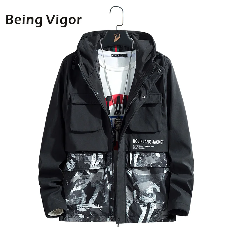 

2019 FW Men Jacket Patchwork Camo Cargo Jacket Multi-Pocket Zipper Coat Casual Outdoors outerwear HipHop Top Windbreaker 4XL