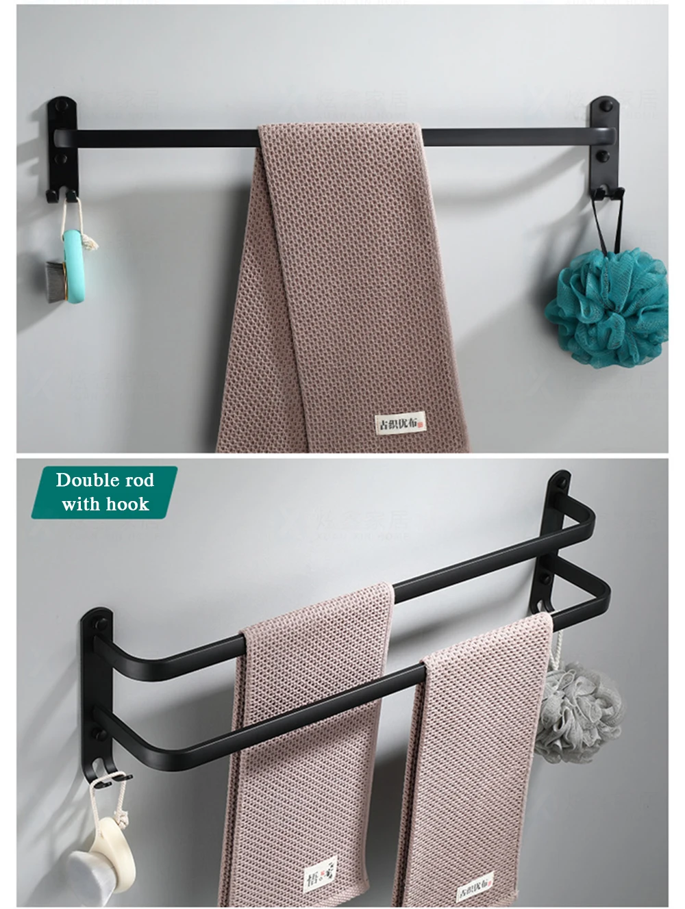 Bathroom Towel Rack 30-60CM Wall Mounted Shower Room Holder Kitchen Aluminum Multilayer Layer Wiht Hook Black Hanger Accessories