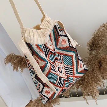 

Women knitting Tote Ladies Casual Shoulder Bag Foldable Reusable Shopping Bags Beach Bag Female Cotton Cloth bag