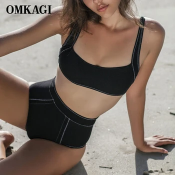 

OMKAGI High Waist Bikini Swimsuit Women Push Up Swimming Black Bathing Suit Sexy Biquini Femle Solid Bikini 2020 Swimwear Women