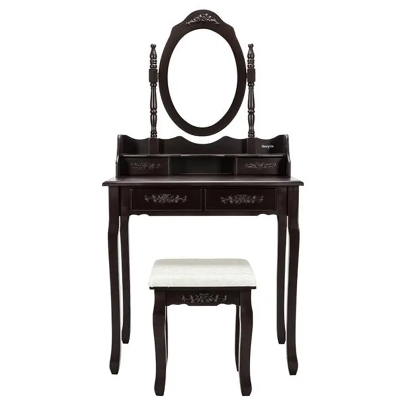 

Vintage Makeup Vanity Desk Removable Mirror Dresser Reading Dressing Table Brown Cosmetics Storage 4 Drawers Bedroom Furniture