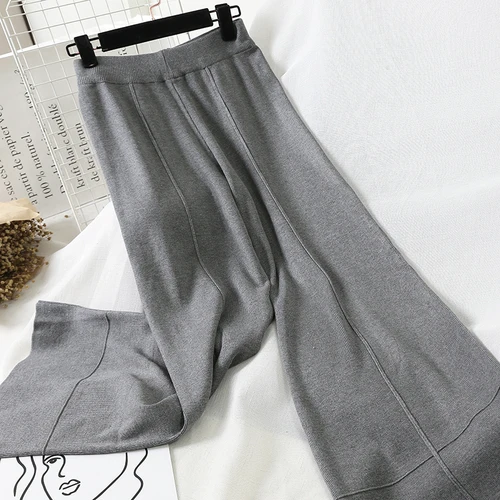 Осенне-зимние элегантные теплые широкие брюки для женщин, повседневные вязанные брюки с высокой талией, прямые брюки в полоску Mw816 - Цвет: Серый