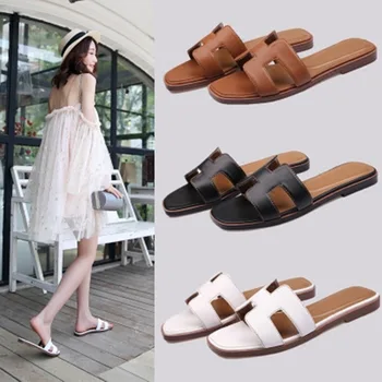 

Famous Designer Brand Slippers High Quality Natural Leather Ladies Sandals Fashion Brand Flat Shoes Ladies Slippers H Sandals