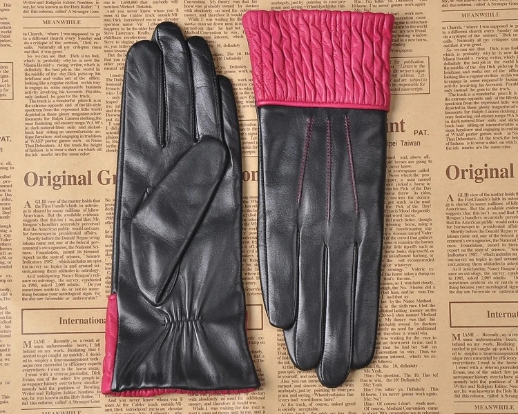 Настоящие Кожаные женские перчатки Осень Зима теплые утолщенные модные трендовые двухцветные овчины женские кожаные перчатки L150NC-1