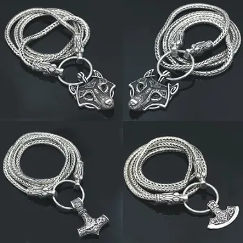 

Nordic mythology wolf head pendant necklace male 316L stainless steel Viking Thor hammer pendant necklace Gothic party jewelry