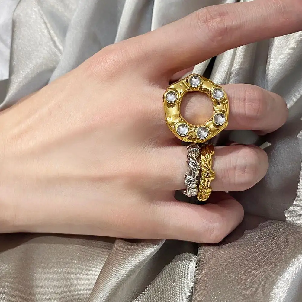 

Brass Geo Rhinestoned Statement Rings Women Jewelry Chic Punk Gothic Boho Hiphop Runway Party Designer Japan Korean Ins Hot