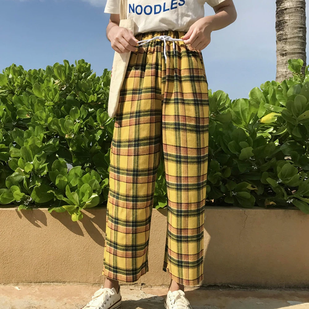 

2019 Retro Yellow Plaid Japanese Harajuku Summer autumn Pants Women Casual Drawstring Ankle Length Loose Wide Leg Cotton Pants