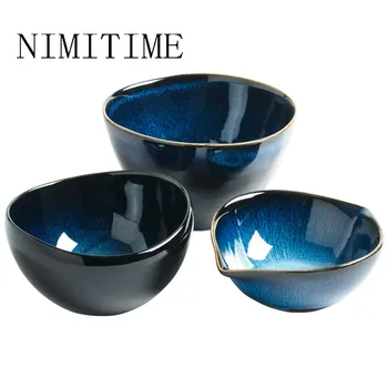 

1PC Japanese Style Blue Series Kiln Pottery Tableware Salad Bowl Fruit Dessert Hotel Tableware Dinner Bowl