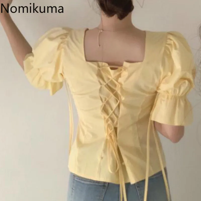 Nomikuma 2020 Summer Back Lace Up Short Sleeve Blouse V Neck Solid Color Crop Tops Women Korean Fashion Shirt Ladies Blusa 3a960 | Женская