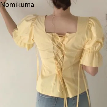 

Nomikuma 2020 Summer Back Lace Up Short Sleeve Blouse V Neck Solid Color Crop Tops Women Korean Fashion Shirt Ladies Blusa 3a960