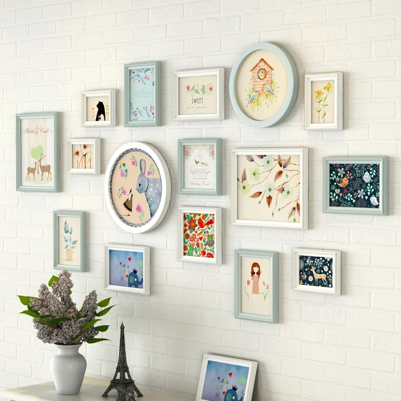

16 pcs/set Rectangle&Round Combination Photo Frame Fresh Romantic Picture Frames For Wedding House Wall Decoration Foto Frames