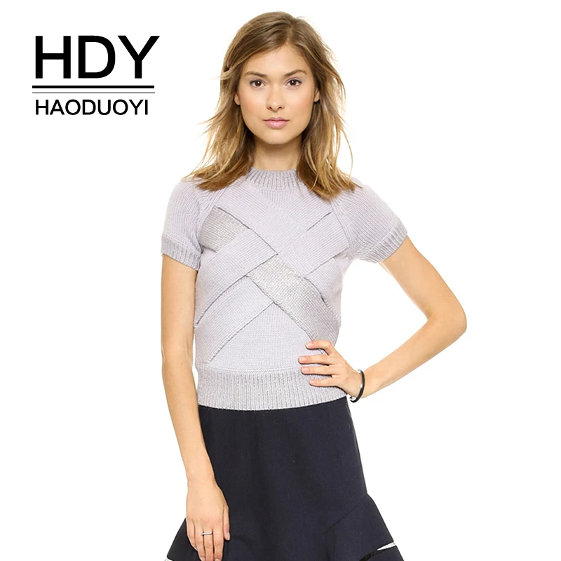 

HDY Haoduoyi Autumn Pullover Sexy Fashion Personality Criss-Cross Short Sleeve Solid Knitting Jumper Knitted Female Sweater