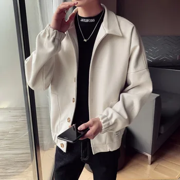 

Winter Short Woolen Coat Men's Fashion Solid Color Casual Woolen Jacket Men Streetwear Loose British Style Woolen Coat Mens