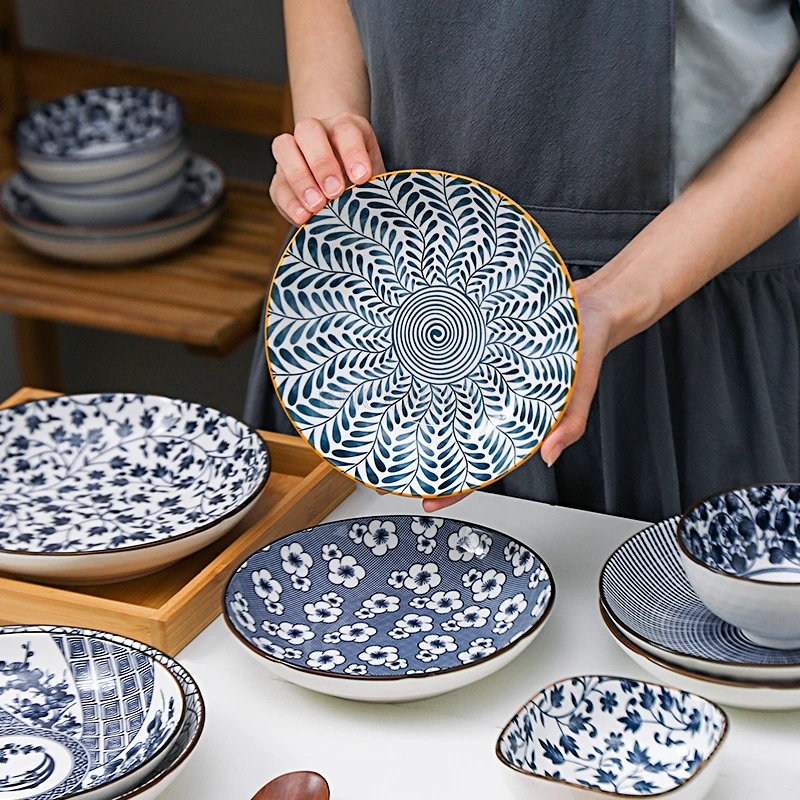 Japanese Retro Dinner Plate Ceramic Printing Round Tableware with Various Patterns Home Restaurant Heating Plates