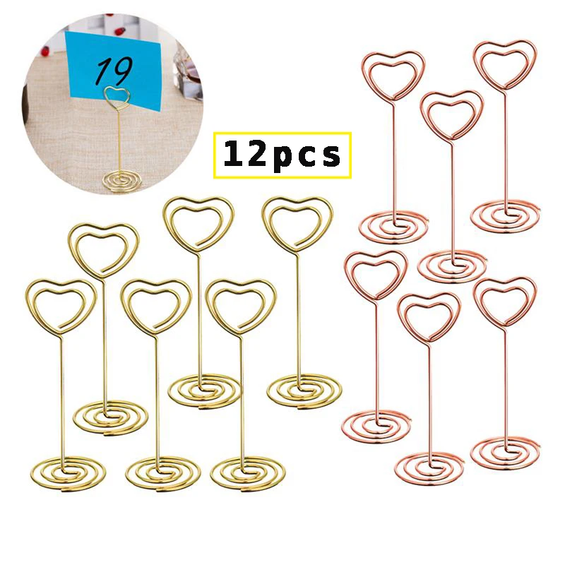 12 Pcs Golden Heart Shape Photo Holder Stands Table Number Holders Place Card Paper Menu Clips for Wedding Party Decor or Office