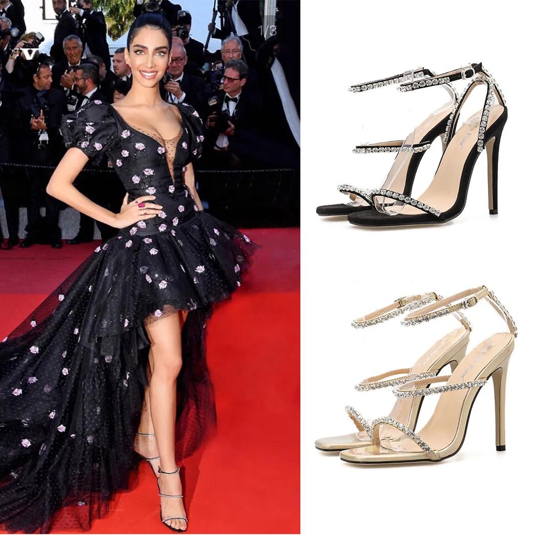 

2020 New Style Sandals Women's Man-made Diamond Peep-Toe Sexy Spaghetti High Heel Shoes Europe And America Three with WOMEN'S Sh