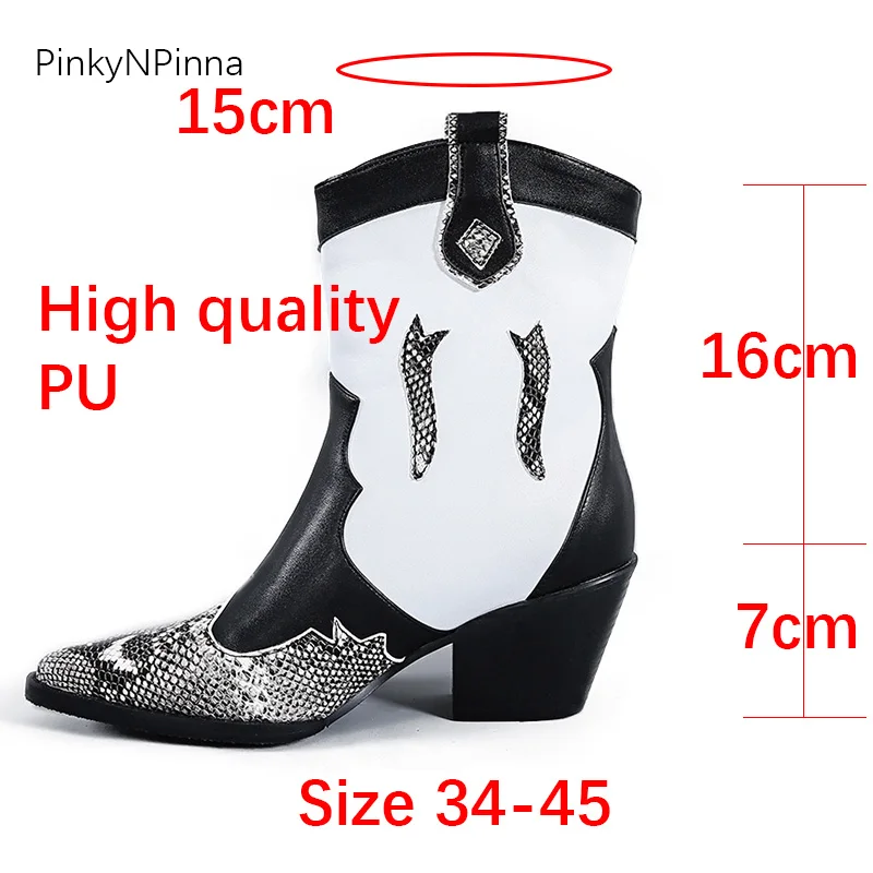 Зимние женские ковбойские Полусапоги в западном стиле; богемные черные, белые, питоновый узор; ботинки на высоком массивном каблуке; очень большие размеры