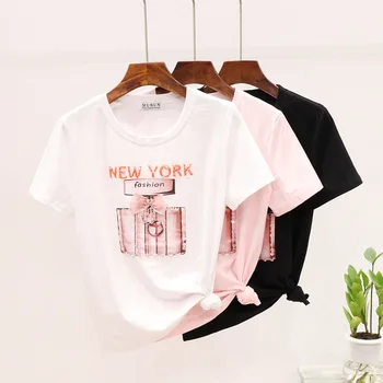 

Cotton T-shirt Women Pink White Black T-shirt Beaded Sequined Perfume Bottle Printed Short Sleeve T Shirt Women's All-match Top