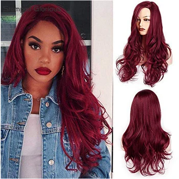 

Stamped Glorious Synthetic Wigs Dark Red Wine Middle Part Curly Wig for Women 26 Inches Root Short Straight Heat Resistant Fiber