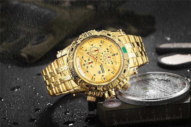 Роскошные Temeite Бизнес золотые кварцевые часы мужские часы Большие размеры Мужские часы Военные Наручные часы relogio masculino