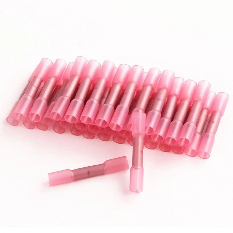 

50/100PCS Electrical Wire Terminal Heat Shrink Butt Crimp Terminals Red Waterproof Insulated Seal Wire Connectors 22-16 AWG