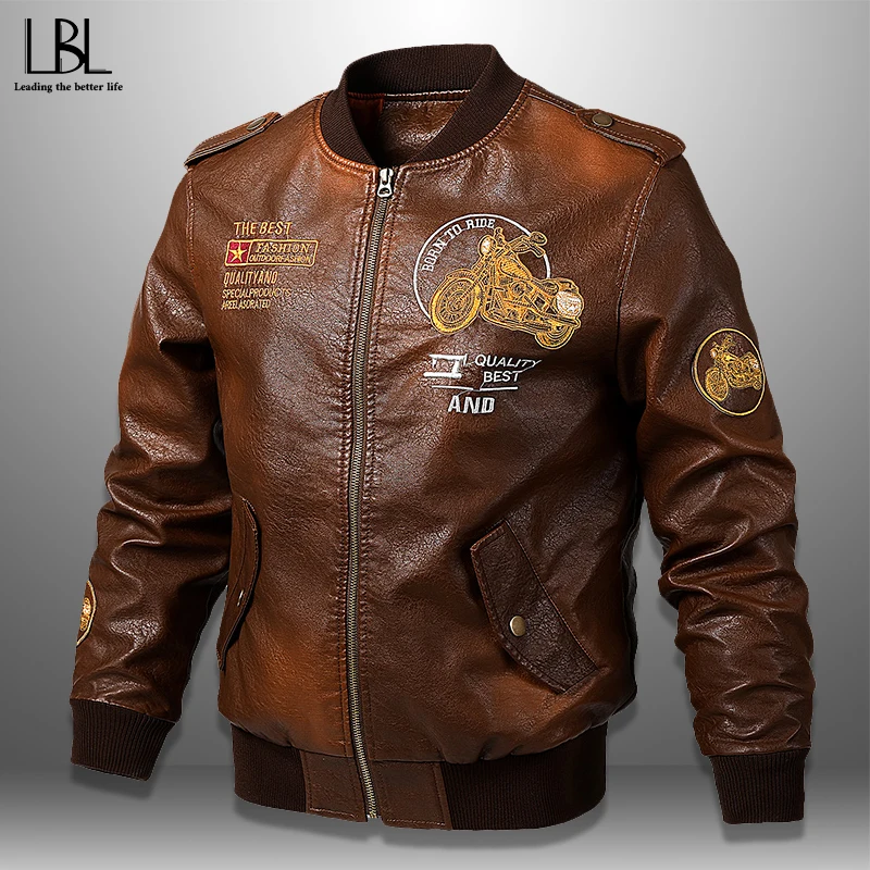 New Arrival Bomber Jacket Autumn Men Motorcycle PU Leather Jackets Winter Male Outerwear Embroidery Baseball Coat Slim Pilot 6XL