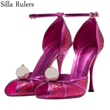 

2020 Pearl Bling Peep Toe High Heels Pumps Woman Shallow Sexy One Strap Gladiator Woman Runway Party Shoes Wending Shoes Woman