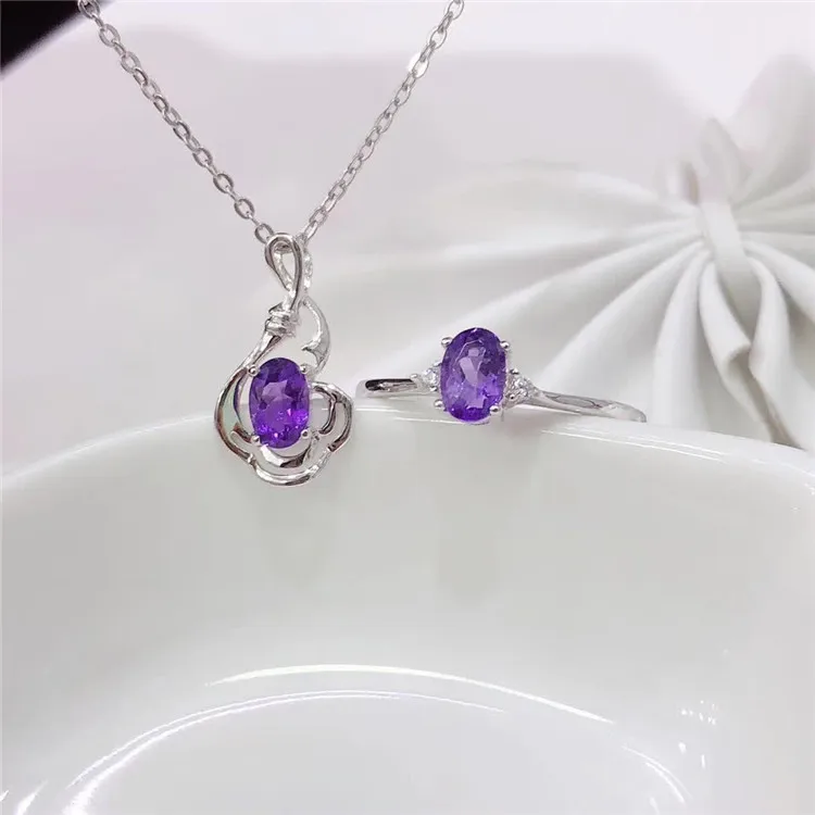 

Europe And America-Style Multicolored Jewelry Set Fine Silver Accessories S925 Silver Inlaid Natural Amethyst Ring Pendant Neckl