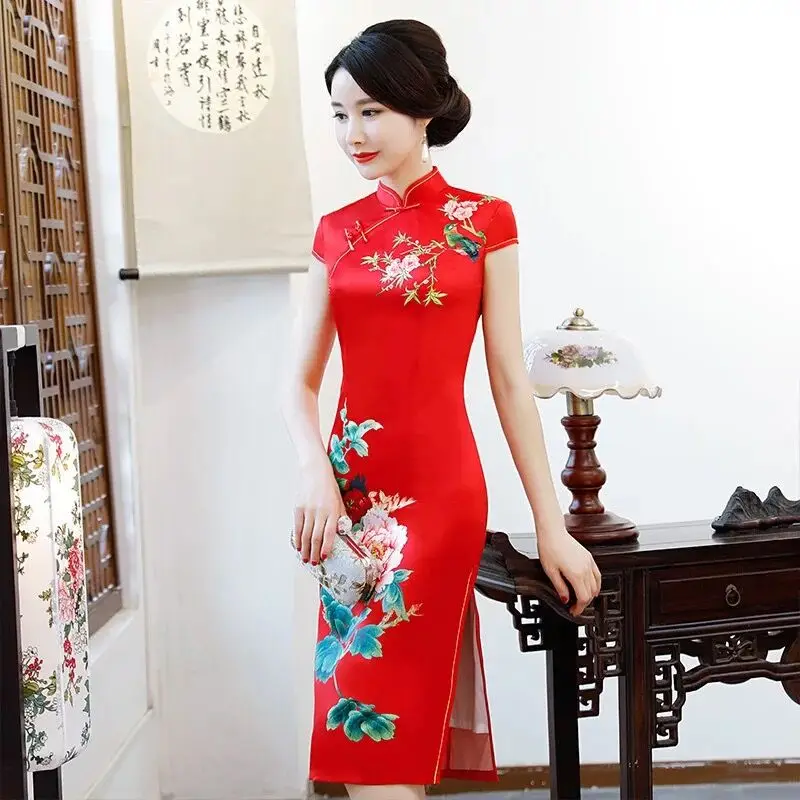 Новинка платье миди Cheongsam Qipao сезон: весна–лето платье Для женщин Элегантный принт женское платье модельные вечерние традиционное китайское платье Vestidos - Цвет: 8250