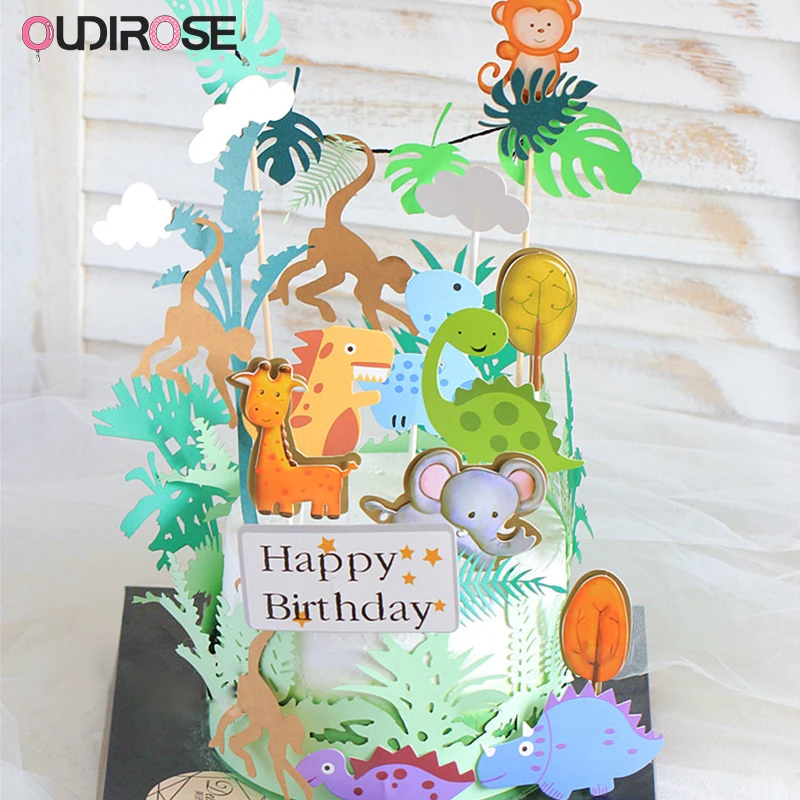 

OUDIROSE Dinosaur Animal Plant Birthday Cake Toppers Boy Girl Forest Theme Party Wedding Decor Cake Topper Baby Shower Supplies