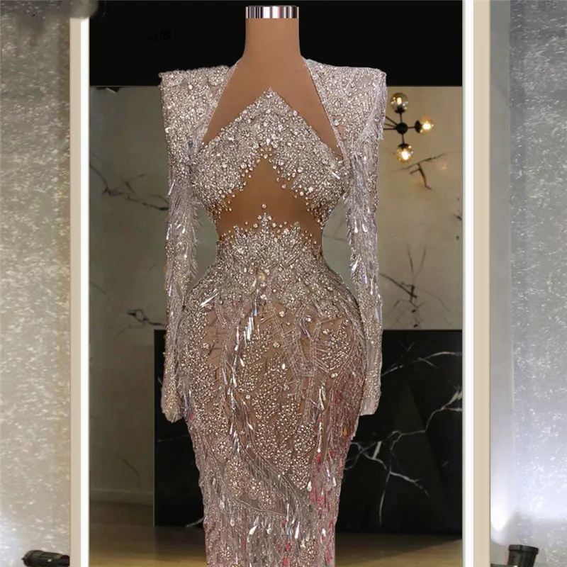 Sparkly Illusion Arabic Evening Dresses Sequins Beading Women Prom Gowns Long Length Graduation Party Robe de mariée plus size ball gowns