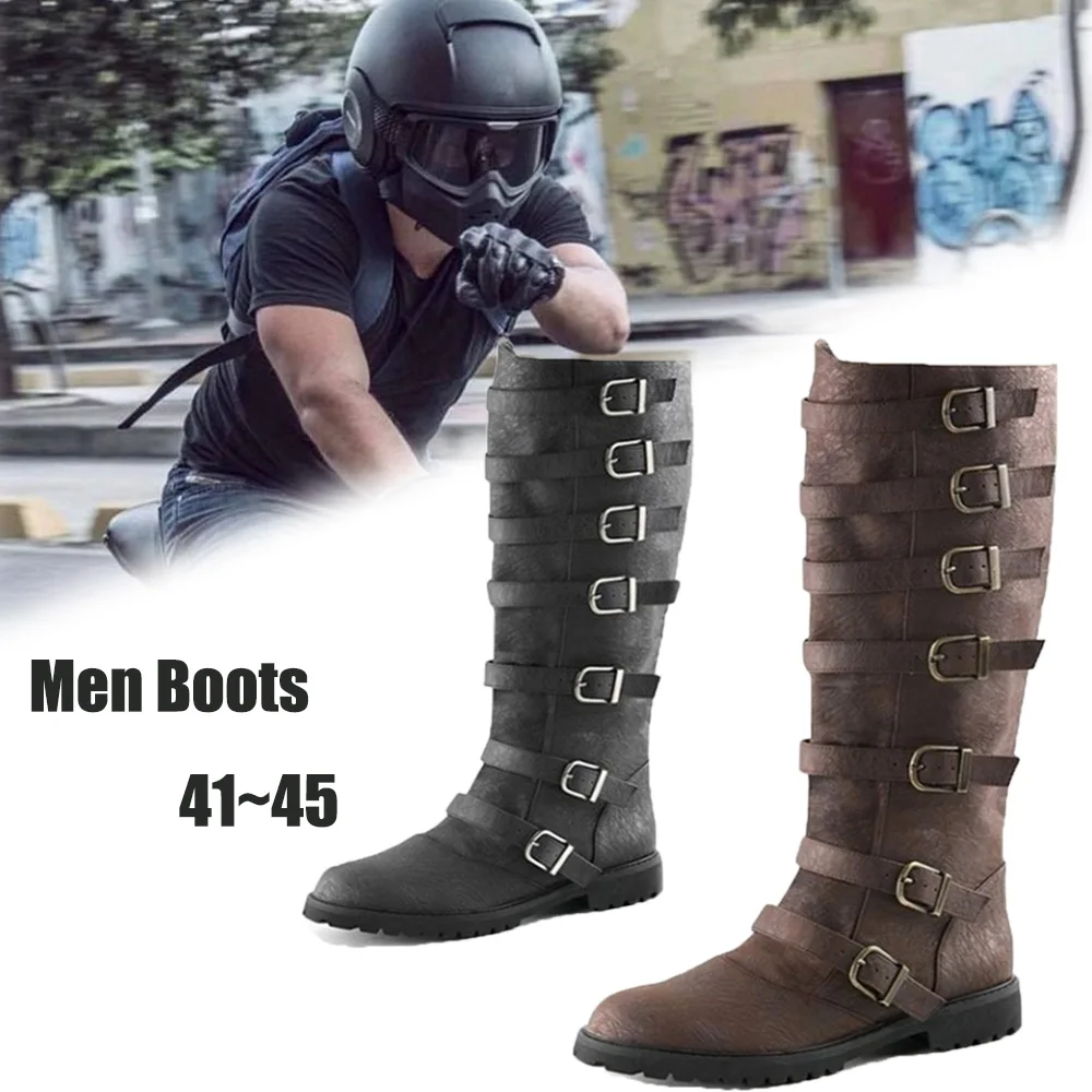 

Punk Men Pirate Boots Men Motorcycle Boots Riding Boots Mens Boots Engineer Boot chaussure homme Mid-calf Buckle Long Boots D