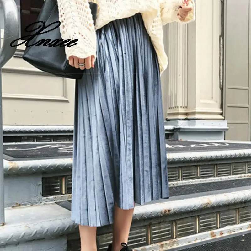 Xnxee Осенняя Женская плиссированная юбка темпераментная однотонная длинная юбка с эластичной талией Свободная юбка большого размера