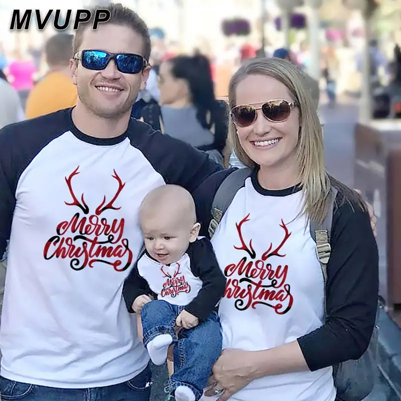 

family christmas matching outfits dad mom son daughter kids set long sleeve patchwork cotton deer cartoon clothes casual winter