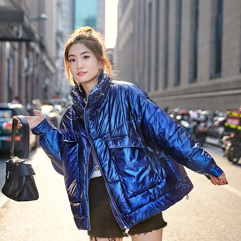 royal blue jacket FORERUN Winter Bubble Jacket Women Oversized Glossy Silver Standard Collar Coat Cotton Padded Parkas Manteau Femme Hiver - Цвет: royal blue jacket