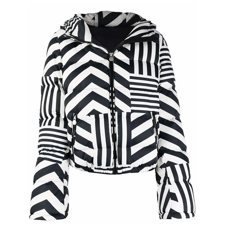 Down Jacket for Women 2021 winter black and white stripes coat hooded fashion design down jackets female Parka Women's short