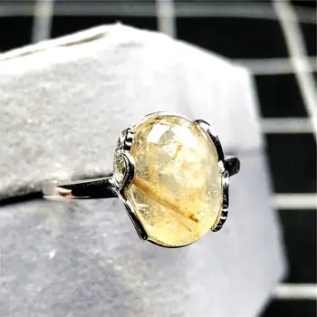 

13mm Top Natural Gold Rutilated Quartz Ring For Woman Lady Man Crystal Oval Beads Silver Gemstone Adjustable Ring Jewelry AAAAA