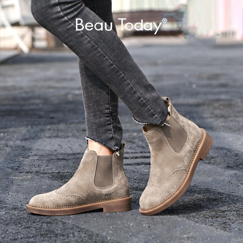 Beautodayチェルシーブーツ女性弾性足首豚スエードブローグ本革品質ブランド女性の靴手作り Shoes Brand Shoes Qualitybrogue Boots Aliexpress