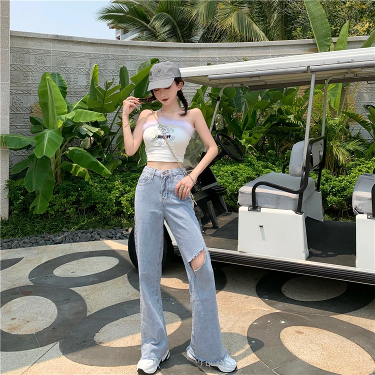 Los nuevos vaqueros pierna ancha de cintura alta Mujer suelta Delgado Burr Denim Pantalones sueltos rebabas pantalones vaqueros|Pantalones vaqueros| - AliExpress