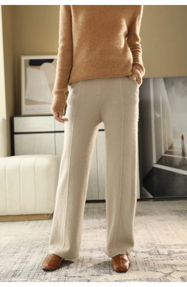 Cashmere Pants Ladies High-waist Wide-leg Pants Casual Knitted 100% Pure Wool Trousers Autumn /Winter Elastic Wwaist Pants Warm cropped leggings
