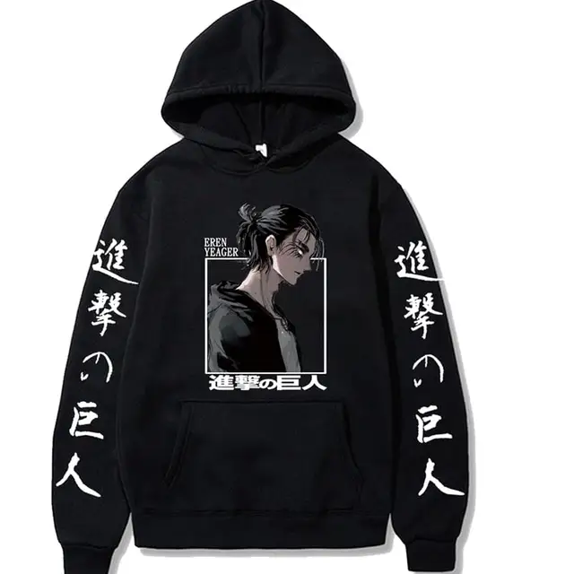 Attack on Titan Eren Yeager Anime Hoodie Men Women Streetwear Hip Hop Unisex Sweatshirt Harajuku Oversized Hoody Tops Black
