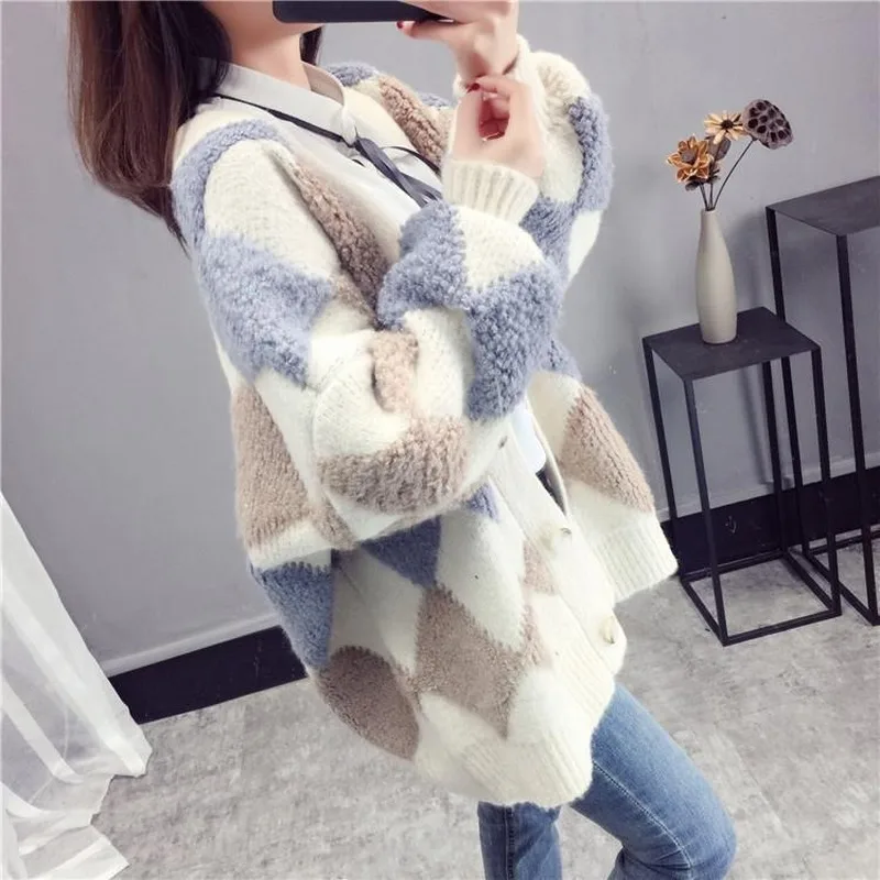 

Sweater Cardigan Women Autumn/Winter Korean Thick Knit Cardigan Oversized Contrasting Color Knit Sweater Coat 2020 Women